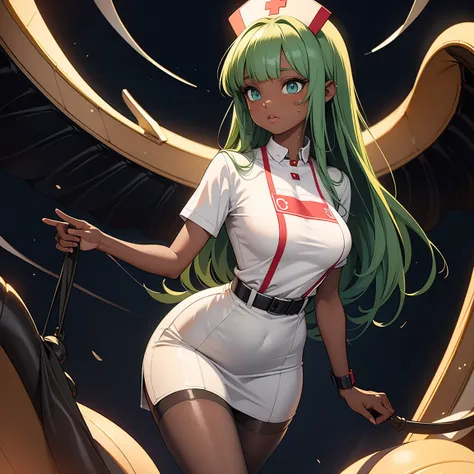 score_9, score_8_up, score_7_up, score_6_up, score_5_up, score_4_up, BREAK 1girl, light green tentacle hair, dark skin, thick lips, long eyelashes, stern expression, standing, blunt bangs, adult, BREAK solo, large breasts, adult, skinny, arched back, thigh...