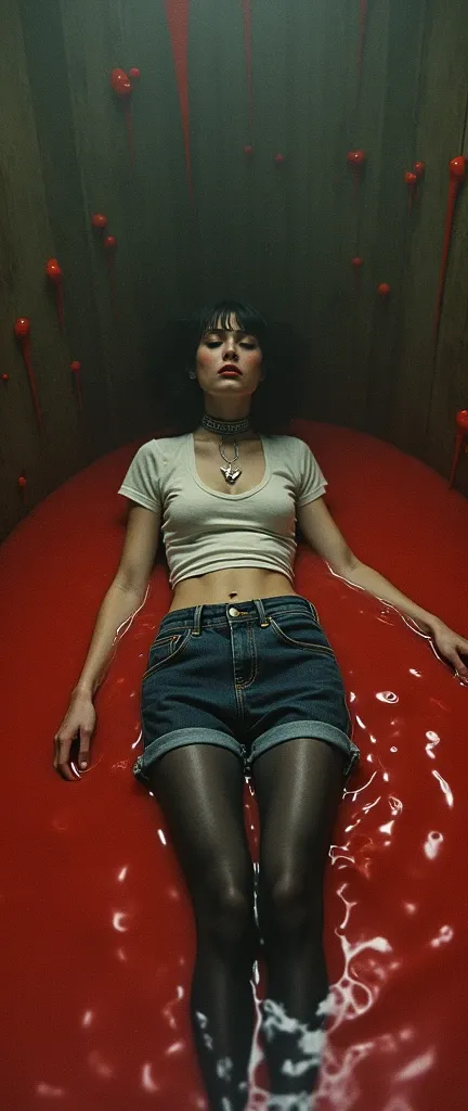 70s setting, grainy analog film,epic, abstract, stylish artwork, masterpiece, indulges in fetish, rubber black stockings, vintage jeans cut-offs, t-shirt, slave collar, stuck in substance, red, black slime bath,