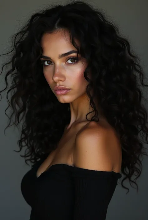 Evil woman, beautiful, dark hair, curly