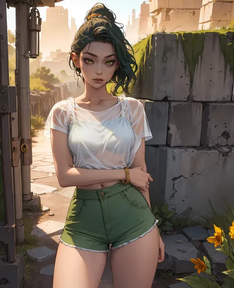 Bright shot: 1.3), epic realistic, yellow eyes, girl raider, (one girl), light gray non-transparent short sleeve top, transparent fabric at the waist, wavy hair 1.4, (dark blue hair), short hair, dark blue and orange color scheme, (light green shorts), aes...