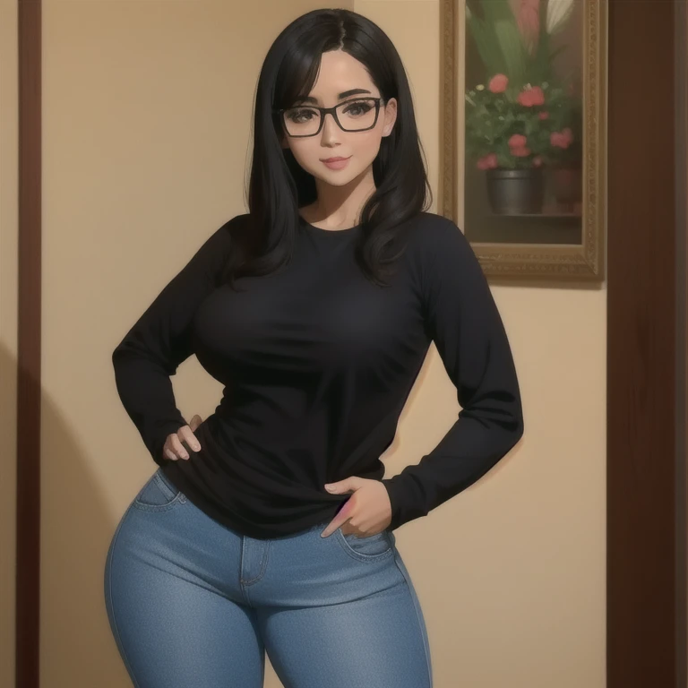 beautiful detailed, cute face, , medium black hair, black hair over one eye, glasses, long sleeve T-shirt, long pants, pearshaped wide hips, thick thighs, solo, voluptuous breasts,