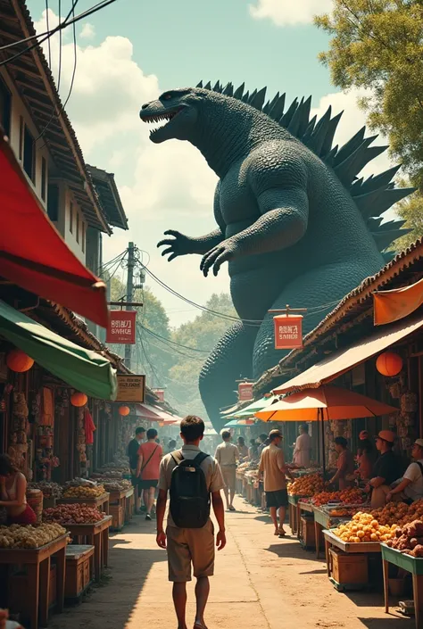 An Instagram post that tells the story behind the brand with a collage of images: Godzilla roaming through a street market, discovering the joy of sate. The text "Our Story - Where Tradition Meets Power" is displayed prominently in the center. Created Usin...