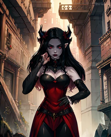 a devilish woman with black hair, pale skin, and red eyes, wearing an elf-like costume, in a dark and mysterious setting, 1girl, extremely detailed facial features, intricate costume design, dark and moody atmosphere, dramatic lighting, fantasy, dark fanta...