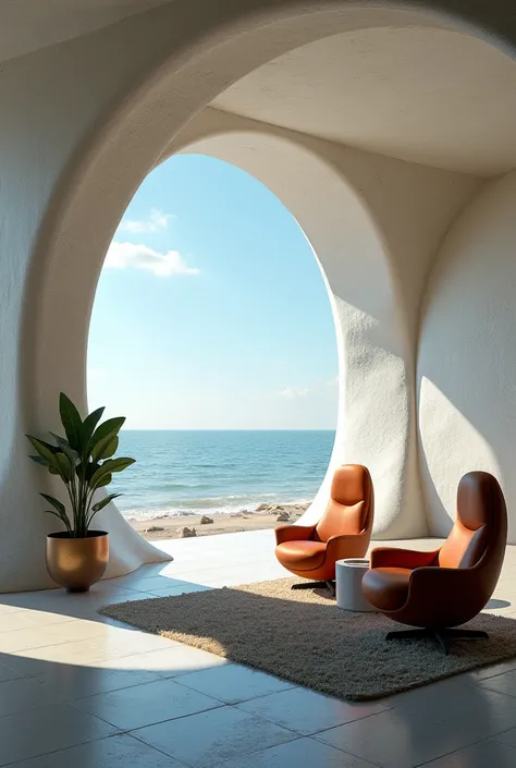 the interior of a futuristic building that is anti-tsunami and tornadoes, that has modern armchairs and household items

