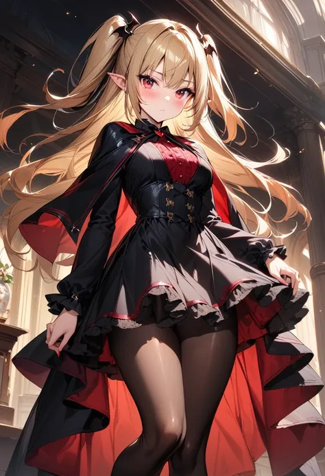 (masterpiece),(best quality),(ultra-detailed),(best illustration),(best shadow),(absurdres),(detailed background),(very aesthetic), 1girl, solo, blonde-hair, red-eyes, pointy-ears, looking-at-viewer, long-hair, pantyhose, vampire, dress, two-side-up, black...