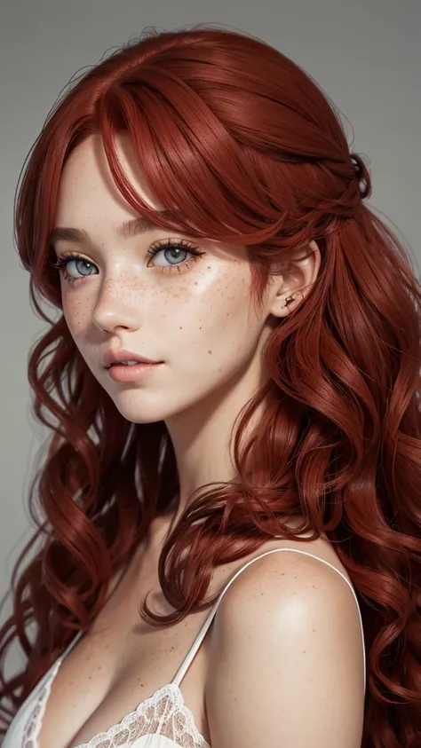 make a woman with gray eyes, long curly red hair with freckles