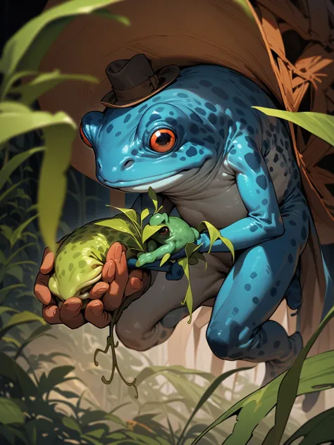 ((best quality)) , ((masterpiece)) , (detailed),There is a frog wearing a hat，And a tall hat，Holding a plant in his hand