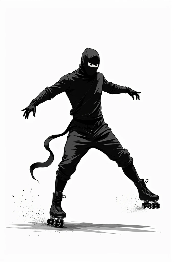 Black and white sketch of a ninja on roller skates from the side 