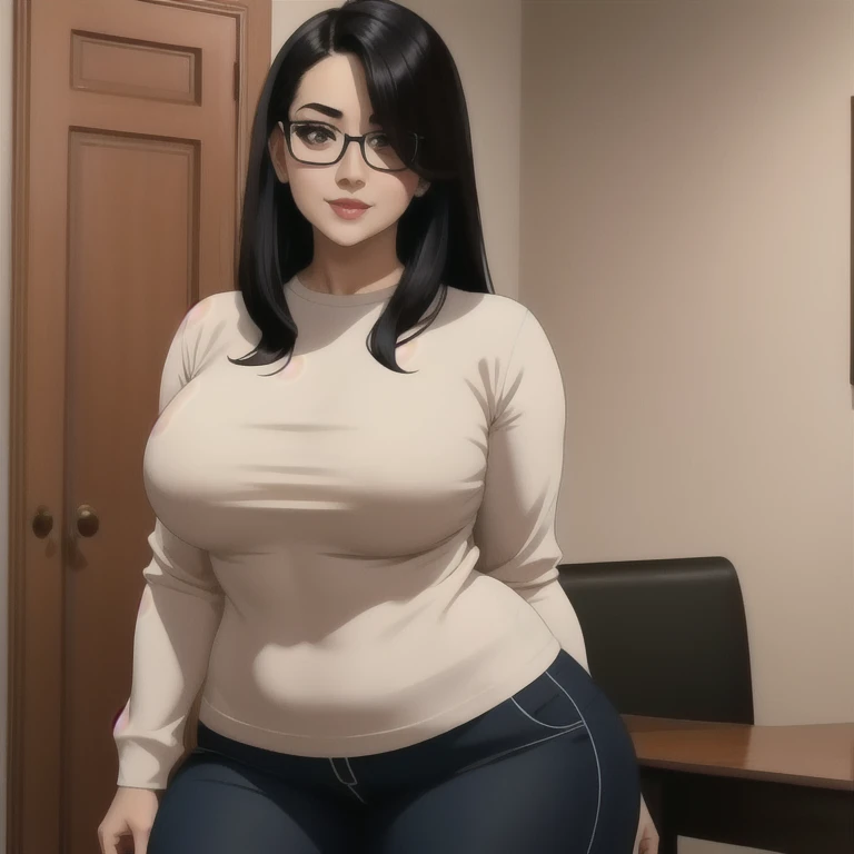 beautiful detailed, cute face, , medium black hair, black hair over one eye, glasses, long sleeve T-shirt, long pants, pearshaped wide hips, thick thighs, solo, voluptuous breasts,