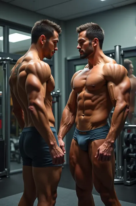 Naked muscular man in the gym and another in underwear 