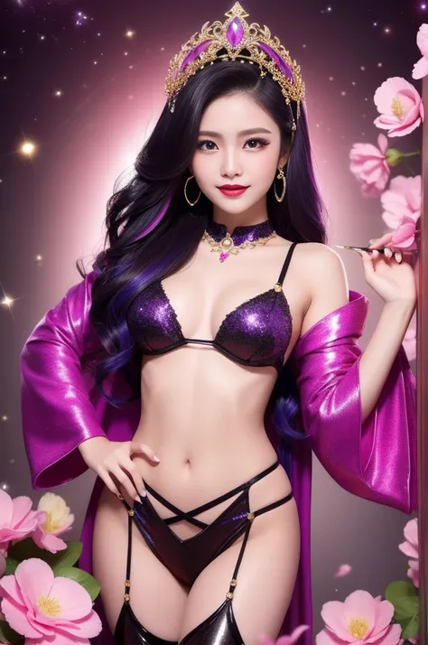 sexy Thai model who controls poison、beautiful smile、lip-gloss、bold lipstick、intense makeup、look at the camera、full body Esbian、、sparkling poisoned flower costume、、、、sparkling Colorful hair、secrete poison、skull hair accessories、sexy tights、shiny sparkling f...