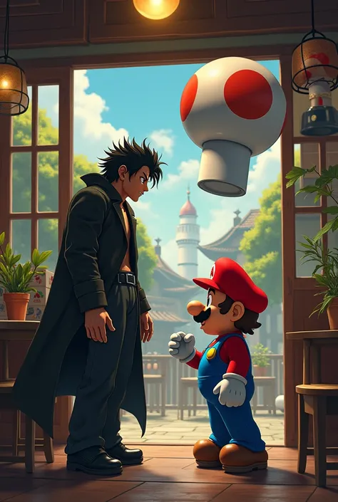 Jotaro fighting super mario in a cafe