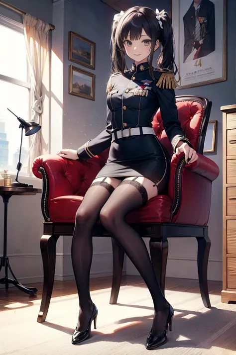 (masterpiece), 4K,woman,I have a pen,long sleeve military uniform,Small breasts,Small Ass,Twin tails,Light bulb lighting,Realistic, skinny, Garter Stockings,smile,Sit in a luxurious chair,((Knee-length pencil skirt)),Talking on the radio