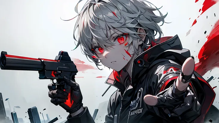 Handgun、((Aim the gun at the camera))、((Upper Body))、((Gray Hair))、((Photograph from the front))、(((((gun))))),((((Pointing the gun this way))))（Covered in blood）、Clothes full of scratches、((Scarred Face))、Red-black eyes、Detailed eyes、Scorched black clothe...