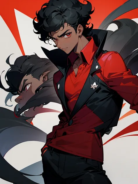 Image of a dark-skinned boy with curly black hair wearing a red shirt and a black jacket over it, with design based on the style of a pokemon trainer.