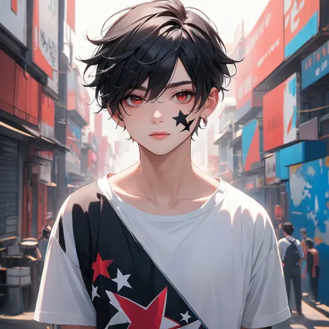 (4K Art) (best qualityer) (super resolution) a boy, Half Pink Half Black Hair, Red Eyes with Stars, Star Tattoo on Cheek, color black, White T-shirt with a black star printed on it, black sleeves.