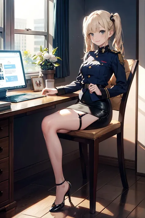 (masterpiece), 4K,woman,have,Long-sleeved military uniform,Small breasts,Small Ass,Twin tails,Light bulb lighting,Realistic, skinny, garter belt,smile,Sit in a luxurious chair,((Knee-length pencil skirt)),,Computer input