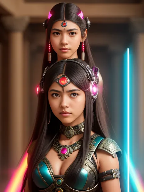 Create a photograph of a young cyborg girl with the ability to manipulate time, who travels back to ancient Aztec civilization to prevent her ancestors from sacrificing their own. Using her powers, she creates a time portal with a vibrant color scheme, to ...