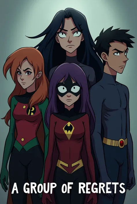 A picture of the Teen Titans heroes group with the words &quot;A group of regrets&quot; written on it, and the name of the group in the picture and the writing &quot;Instagram group&quot;