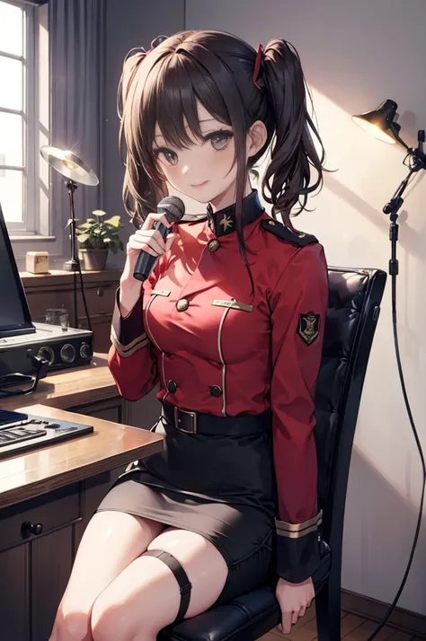 (masterpiece), 4K,woman,Holding a microphone,long sleeve military uniform,Small breasts,Small Ass,Twin tails,Light bulb lighting,Realistic, skinny, Garter Stockings,smile,Sit in a luxurious chair,((Knee-length pencil skirt)),Talking on the radio