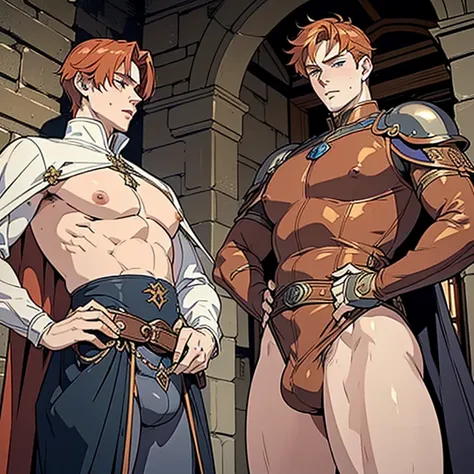 ((A ginger haired tall lean 18 years old English prince inspired by Spanish princess series’ Heinrich VII is wearing erotic medieval leather clothes his nipples piercing)), ((huge protruding bulge)), NSFW, hentai, porn, the setting is beautiful medieval ou...