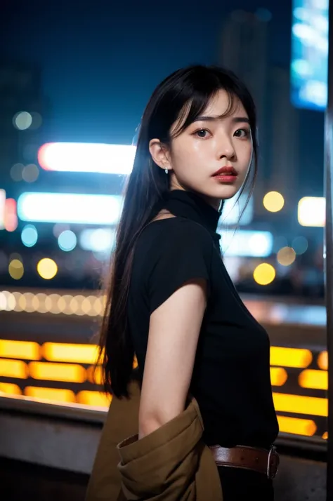 (Cinematic Aesthetic:1.4) Photo of a beautiful korean fashion model bokeh city night