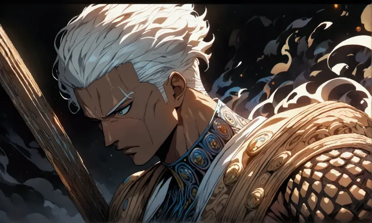 Muscular man, brown skin, white hair cut on the sides, open black jacket, dark sky background, ((Intricate anime character design inspired by One Piece)), ((stunning lighting)), ((stunning focus)), ((stunning face)), ((detailed background)), ((ultra-fine 2...