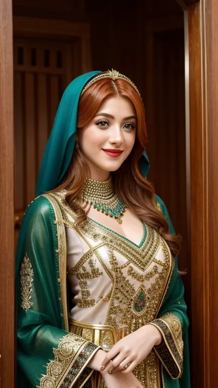 Katherine McNamara wearing traditional Kuwaiti clothes wearing lipstick and smiling