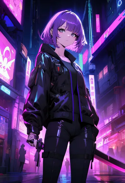 create a character, Short purple hair with black eyes and purple pupils with a Japanese knife-type sword, dark clothing set in cyberpunk style ANIME VERSION