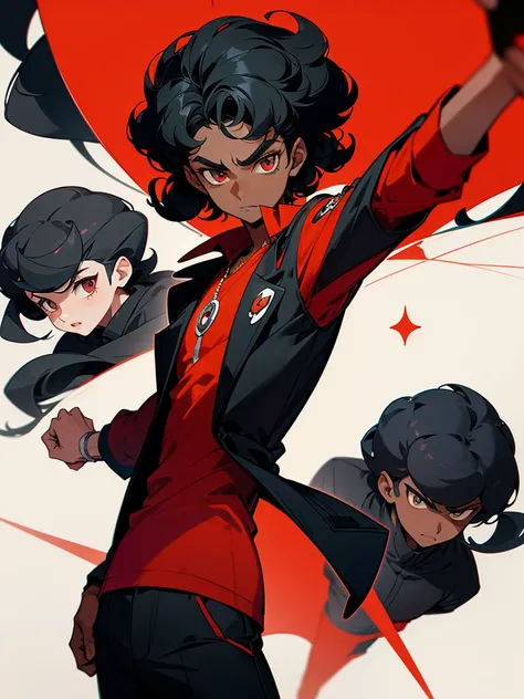 Image of a dark-skinned boy with curly black hair wearing a red shirt and a black jacket over it, with design based on the style of a pokemon trainer.