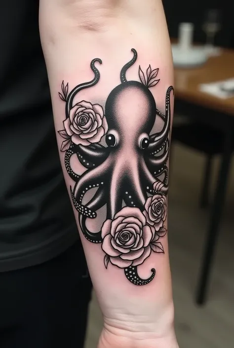 a black and white tattoo on a blank sheet of paper for the forearm of an octopus with roses
