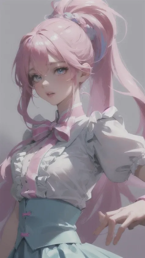 A cute anime girl with pink ponytail hair, wearing a white frilly shirt and a light blue checkered skirt, detailed face, beautiful eyes, luscious lips, hyper realistic, 8k, masterpiece, vibrant colors, soft lighting, serene atmosphere, fantasy style