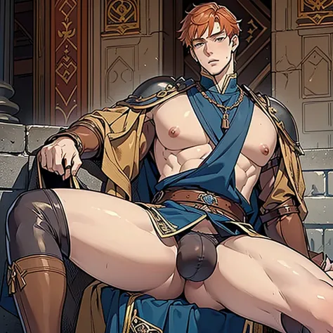 ((A ginger haired tall lean 18 years old English prince inspired by Spanish princess series’ Heinrich VII is wearing erotic medieval leather clothes his nipples piercing)), ((huge protruding bulge)), NSFW, hentai, porn, the setting is beautiful medieval ou...