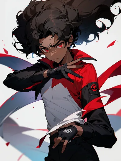 Image of a dark-skinned boy with curly black hair wearing a red shirt and a black jacket with white details on top and wearing black fingerless gloves, with design based on the style of a pokemon trainer.