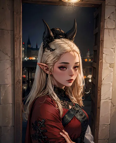 a devilish woman with black hair, pale skin, and red eyes, wearing an elf-like costume, in a dark and mysterious setting, 1woman, detailed facial features, beautiful detailed eyes, beautiful detailed lips, extremely detailed face, long eyelashes, elf ears,...