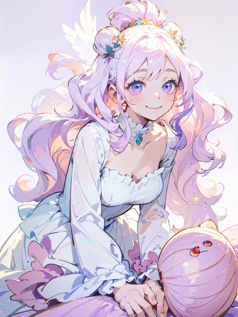 (masterpiece,Highest quality, Very detailed, beautiful, Exquisite, 16K, Full HD), ((smile,Happy:1.5)),get up,((Frills, Sparkling fluffy layered ball gown)), (Pink medium hair,Wavy Hair,Fluffy hair),(White skin,lavender eyes, Long eyelashes, Big eyes,Pale p...