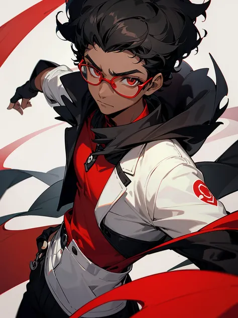 Image of a dark-skinned boy with curly black hair wearing glasses, a red shirt and a black jacket with white details on top and wearing black fingerless gloves, with design based on the style of a pokemon trainer.