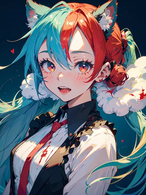 hatsune miku with red hair, psychopath face, blood, cat ears, showing the tongue