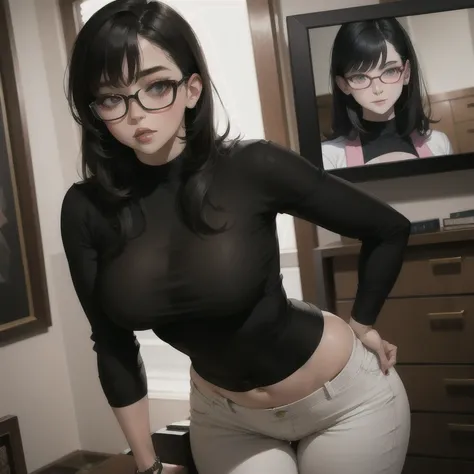 beautiful detailed, cute face, short, , medium black hair, black hair over one eye, glasses, long sleeve T-shirt, long pants, pearshaped wide hips, thick thighs, solo, voluptuous breasts,