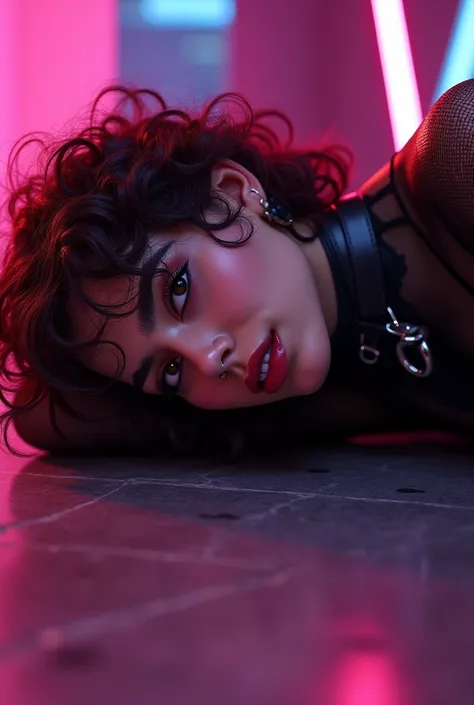 iranian woman, young, naked, very curly mullet, septum piercing, dimples, thick belt around neck, naughty expression, woman laying on floor, transparent shiny latex bodysuit, neon lights, close-up, UHD, retina, masterpiece, accurate, anatomically correct, ...