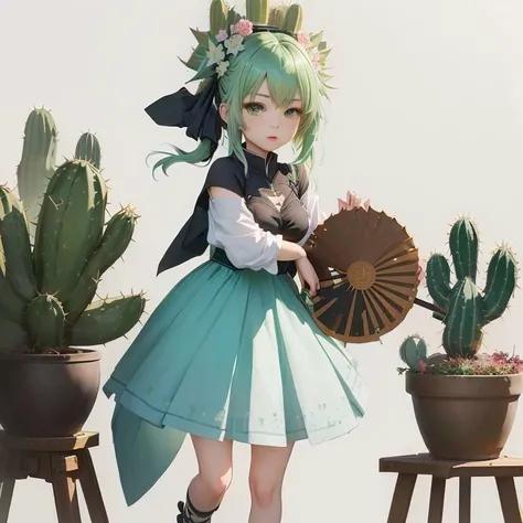 anime girl with green hair holding a fan and a cactus, guweiz on pixiv artstation, guweiz on artstation pixiv, guweiz, loli in dress, artwork in the style of guweiz, cute anime waifu in a nice dress, loli, render of april, trending on artstation pixiv