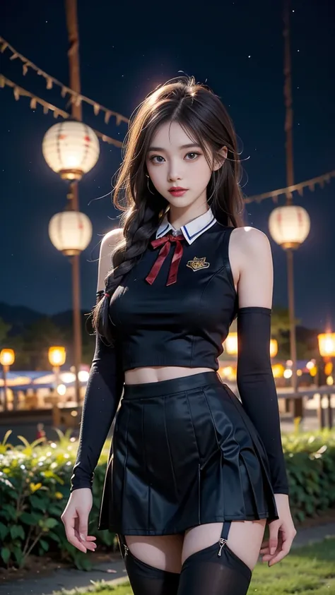 ulzzang-6500-v1.1, (RAW photo: 1.2), (Real photo), (Real photo: 1.4), 1 girl、Perfect anatomy、19 years old、Looking at the camera、Medium length hair、side braids, uniform short skirt, in a surreal royal garden, with many hanging lanterns, under the starry nig...