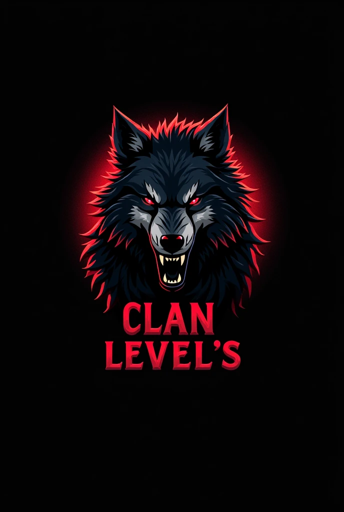 Black and red logo, of a wolf with the title of CLAN LEVEL&#39;S