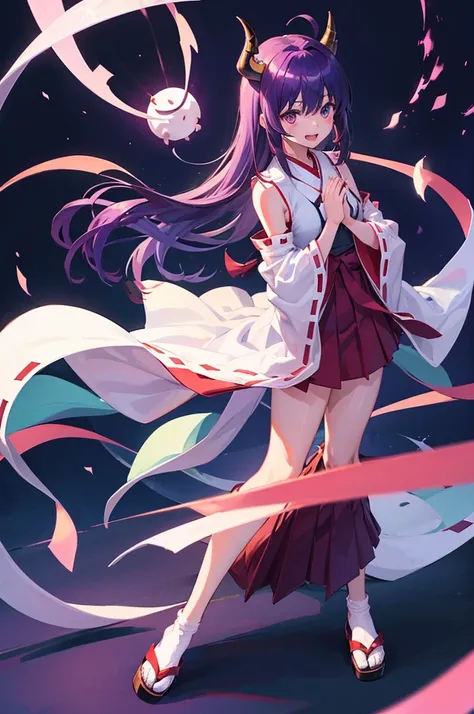 Gemstones Space Background　Meditating on the floor　　1girl, 独奏, long_hair, looking_at_viewer, smile, open_mouth, skirt, simple_background, eyebrows_ass visible_through_hair, white_background, purple_eyes, standing, purple_hair, full_body, :d, detached_sleev...