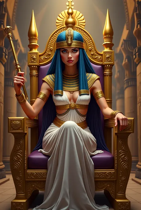 A powerful and majestic portrayal of Cleopatra, the Queen of Egypt, symbolizing her authority and influence. She is seated on a grand golden throne adorned with intricate hieroglyphics, wearing a regal headdress with a cobra symbol. The background features...