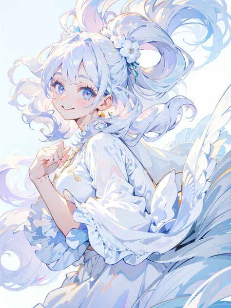 Hatsune miku, (masterpiece,Highest quality, Very detailed, beautiful, Exquisite, 16K, Full HD), ((smile,Happy:1.5)),get up,((Frills, Sparkling fluffy layered ball gown)), (Wavy Hair,Fluffy hair),(White skin,lavender eyes, Long eyelashes, Big eyes,Pale pink...