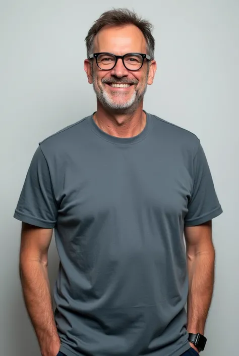 I need a picture of a man in casual clothes, glasses and approximately 45 years old, neutral background and slightly cheerful expression. It may only be from the chest region upwards., It&#39;s for a profile picture.  It is not meant to be full body.