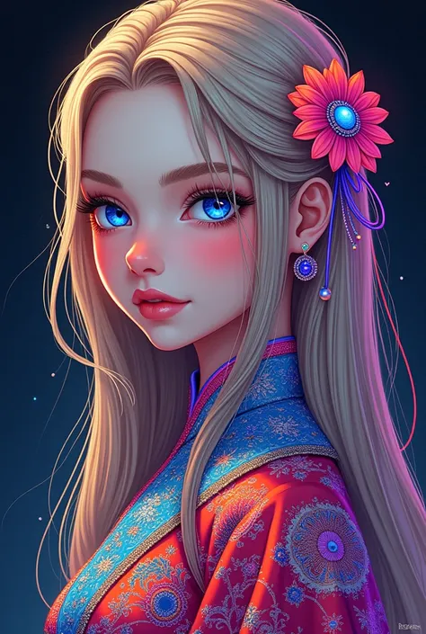 (Masterpiece, Top Quality, Best Quality, Official Art, Beautiful and aesthetic:1.2), (1Girl:1.3), Extremely detailed,(fractal art:1.2),colourfull,highest details,( Zentangle neon:1.2), (Dynamic Pose), (Abstract background neon:1.5), (treditional dress:1.2)...