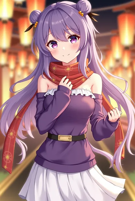 (Realistic painting style:0.9), masterpiece, Highest quality,  Absurd, View your viewers, alone, Stingy (Lantern Ceremony) (Genshin Impact), Stingy (Genshin Impact), Hair Bun, skirt, scarf, purple sweater, white skirt, Purple Hair, sweater, Twin tails, Pur...