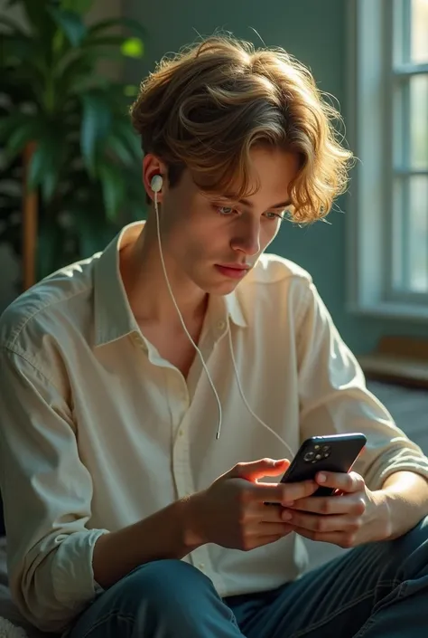 17 year old boy with golden hair, light sea green eyes white skin , Lean, with earrings in the ears, looking at your phone while sitting with your headphones on 